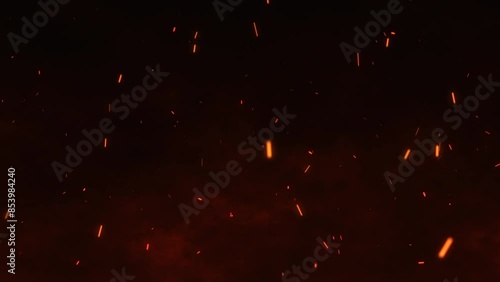 Bright glowing fire particles rising fast in a fiery sky with smoke. Fire flakes and bonfire background. Fire particles moving fast with the wind. Hot burning fire sparks and ashes motion. 4k.