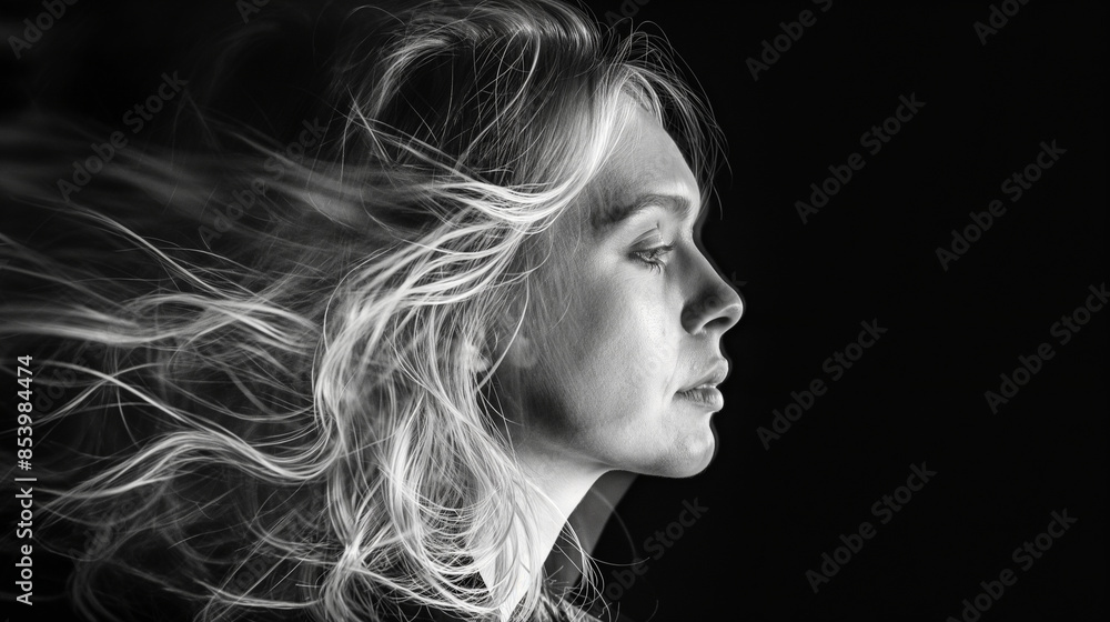 A dramatic representation of flowing hair obscuring the face, rendered in black and white A dramatic representation of flowing hair obscuring the face, rendered in black and white