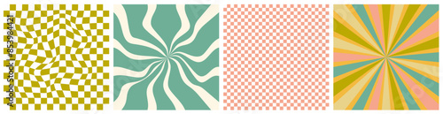 Set of retro abstract backgrounds. Y2k groovy wavy checkered patterns, swirling shapes, and radial stripes in earthy and pastel colors. 