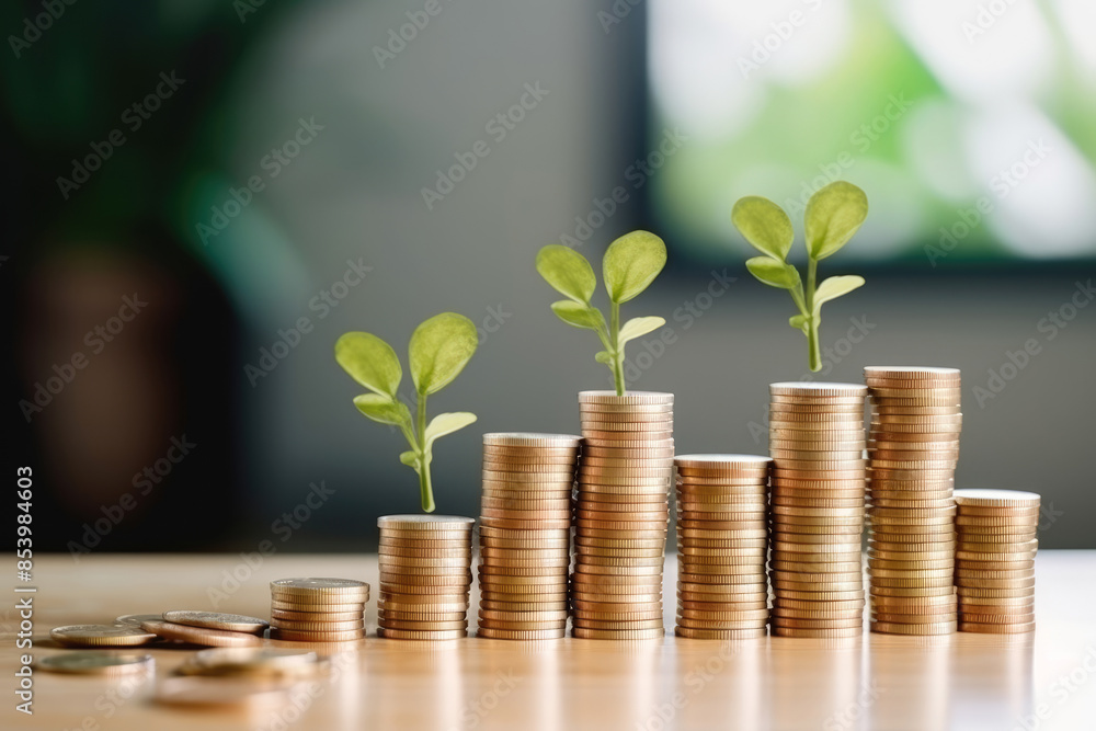generated illustration Young plant on growth of stack of coins. generated illustration Young plant on growth of stack of coins.
