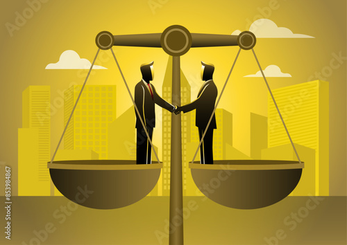 Two businessmen shaking hands and standing on the scales of justice