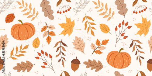 Seamless autumn pattern with pumpkins, leaves, acorns, plants