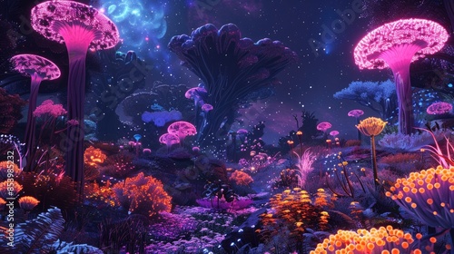 A surreal landscape with glowing pink mushrooms, coral, and a blue moon. photo