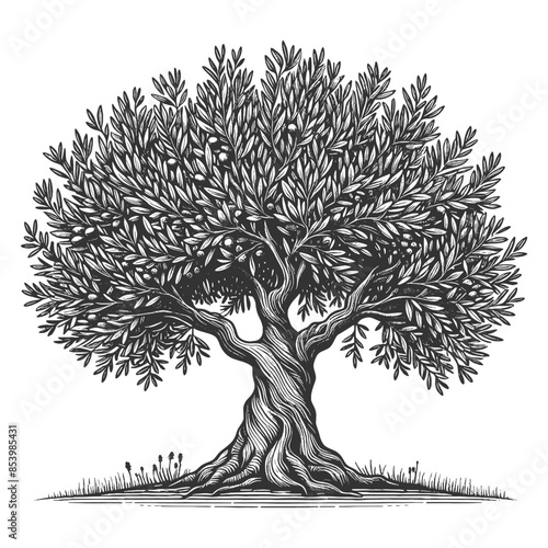olive tree full of ripe olives, set in a serene landscape with intricate root system and foliage sketch engraving generative ai vector illustration. Scratch board imitation. Black and white image.