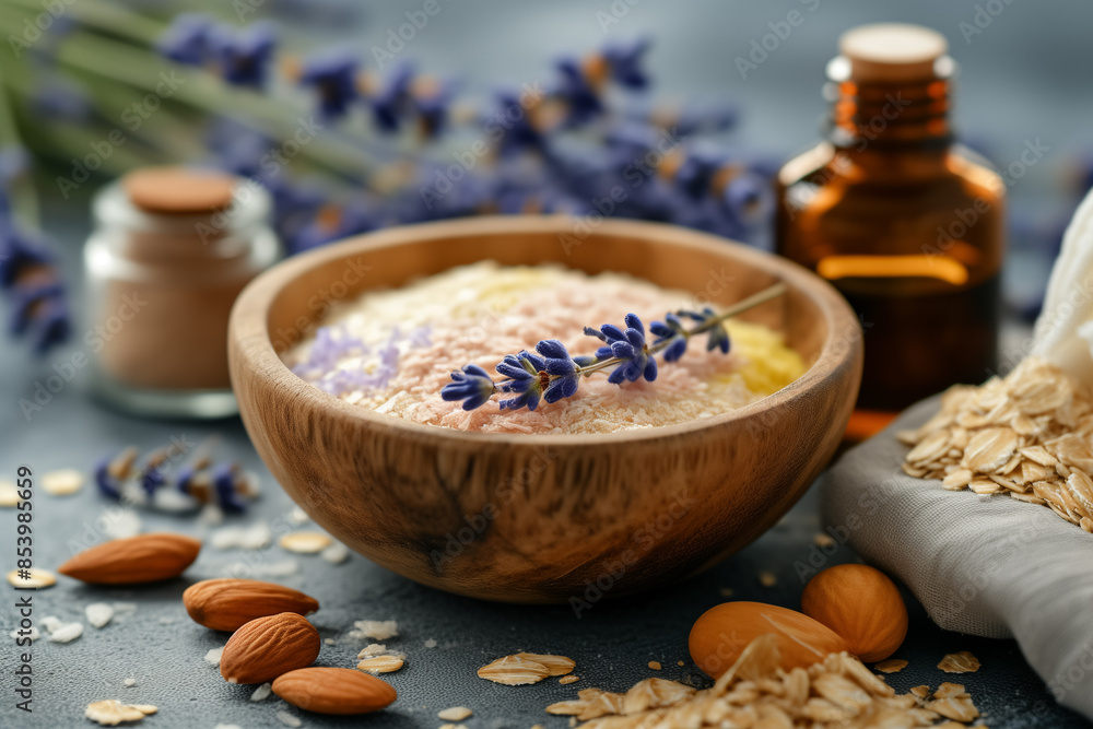 Calming Spa Still Life Lavender, Oatmeal and Almond Oil for the Perfect Relaxing Home Spa Day, spa setting, spa relax concept, Generative AI Calming Spa Still Life Lavender, Oatmeal and Almond Oil for the Perfect Relaxing Home Spa Day, spa setting, spa relax concept, Generative AI