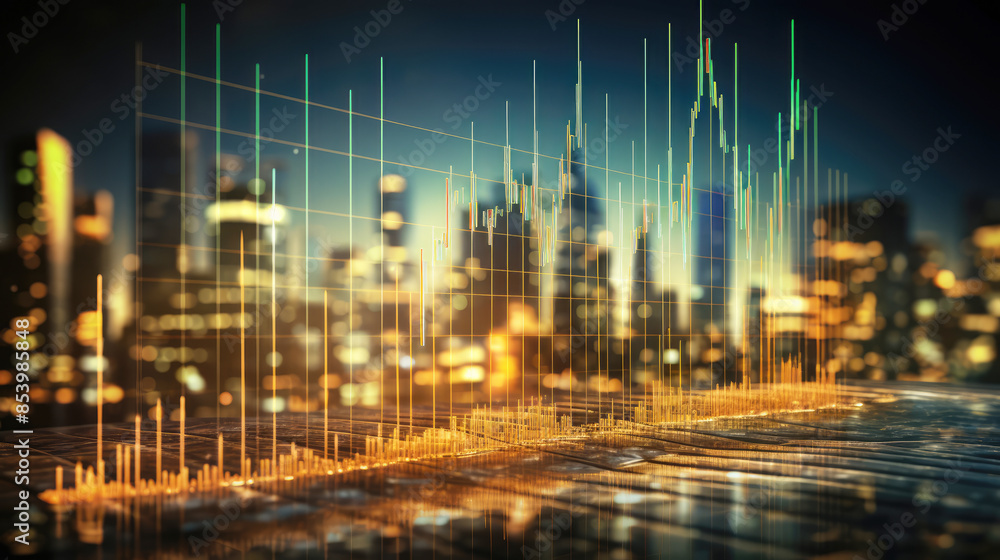 generated illustration digital bar chart with a city scape in the background generated illustration digital bar chart with a city scape in the background