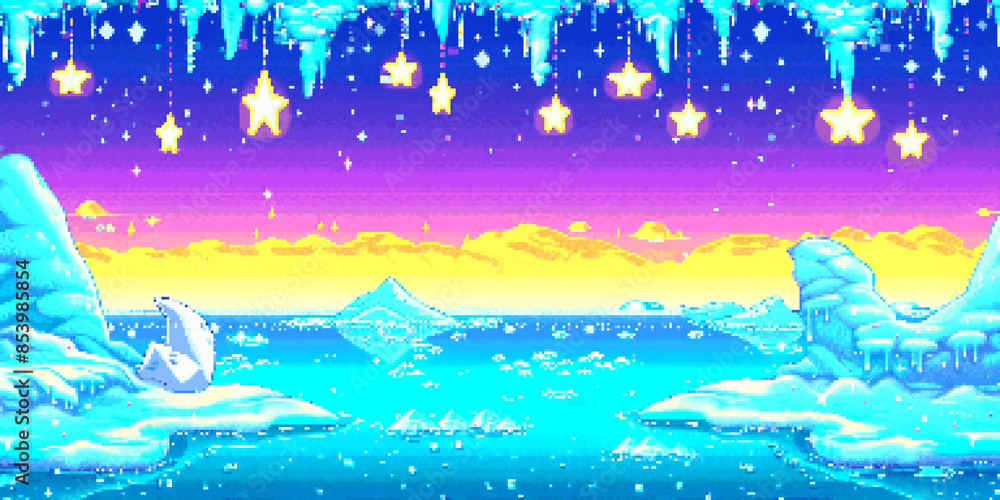 pixel art, 8-bit, screenshot of an ice and snow world with white stars hanging from the sky pixel art, 8-bit, screenshot of an ice and snow world with white stars hanging from the sky