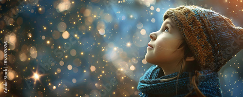 A child's face full of wonder as they gaze up at the stars. photo