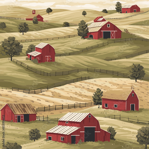 A seamless pattern of a tranquil countryside landscape with rolling hills, red barns, farmhouses, and scattered trees. The illustration showcases the peacefulness of rural farm life with green and gol
