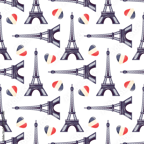 Seamless pattern on a white background with the Eiffel Tower and hearts, painted in tricolor. For fashionable clothes, bed linen, wrapping paper.
