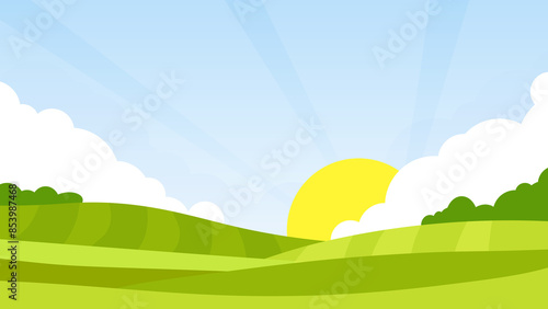 Green field, blue sky and white round clouds countryside spring landscape