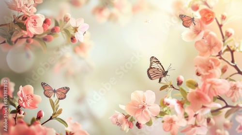 A beautiful abstract spring scene with blooming flowers and butterflies, set against a soft, pastel background. © Lcs