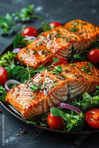 Grilled salmon fillet paired with a fresh green leafy vegetable salad, featuring tomatoes, red onion, and broccoli Bright and appetizing presentation