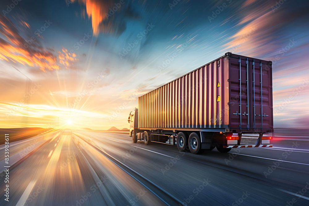 A dynamic image of a container truck speeding down a highway at sunset, with motion blur effects emphasizing the fast pace of the logistics and cargo transportation industry, showcasing the importance A dynamic image of a container truck speeding down a highway at sunset, with motion blur effects emphasizing the fast pace of the logistics and cargo transportation industry, showcasing the importance