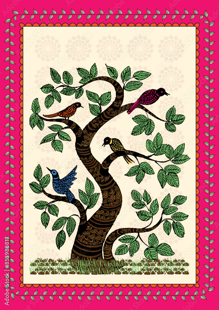 Vetor de Whispers in the Leaves: A Serene Madhubani Story - Bird and ...