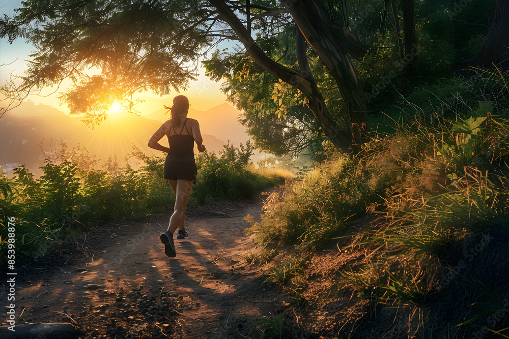 A dynamic photo of a woman jogging along a scenic trail with the first light of dawn breaking through the trees, creating a serene and energetic morning workout scene A dynamic photo of a woman jogging along a scenic trail with the first light of dawn breaking through the trees, creating a serene and energetic morning workout scene