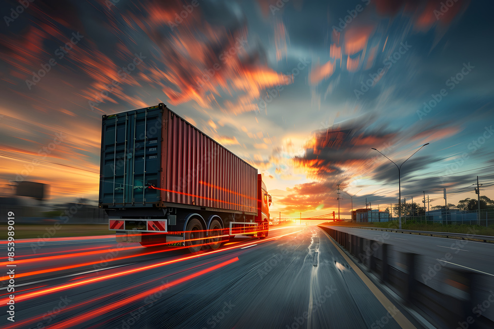 A vibrant image of a container truck entering a busy freight terminal at sunset, with the sky painted in warm hues and a motion blur effect to capture the movement and energy of logistics A vibrant image of a container truck entering a busy freight terminal at sunset, with the sky painted in warm hues and a motion blur effect to capture the movement and energy of logistics