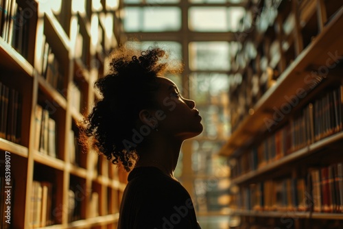 A woman with curly hair and glasses in a library, surrounded by bookshelves, creating a studious atmosphere AIG58 photo