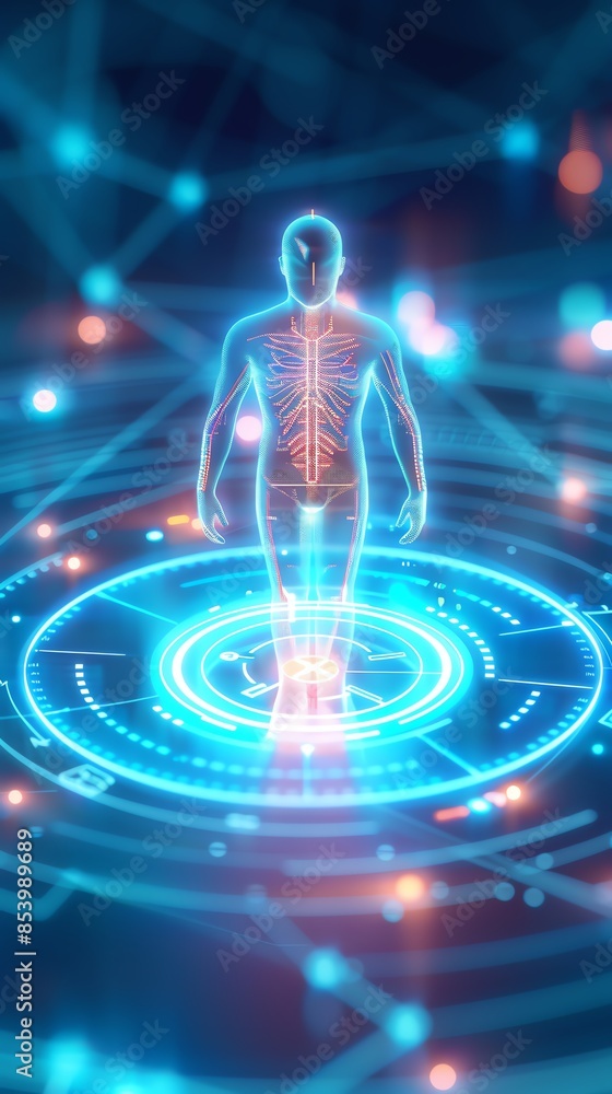 Fototapeta premium Futuristic digital rendering of a human figure with glowing circuits, showcasing advanced technology and human body innovation.