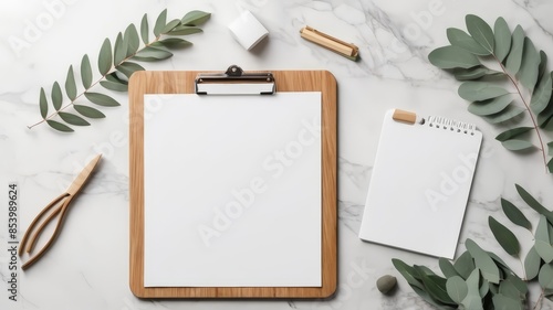 Mockup of wooden clipboard with blank paper on marble table with office supplies and eucalyptus branches. Top view with copy space, flat lay. Flat lay stylised coffee table text space 