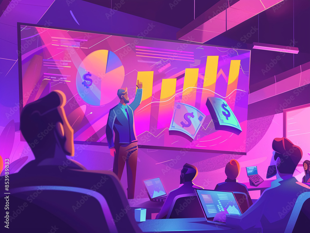 A business meeting scene where a presenter is pointing at a large screen with a financial growth graph, and money icons floating around. Professional and sleek, vibrant colors A business meeting scene where a presenter is pointing at a large screen with a financial growth graph, and money icons floating around. Professional and sleek, vibrant colors