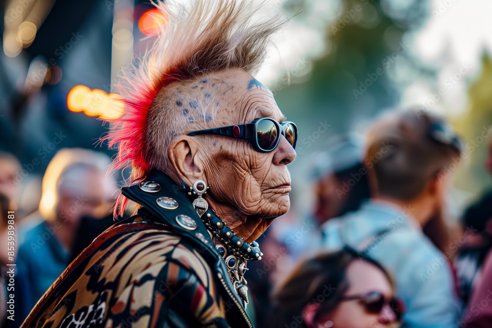 Obraz premium Old woman with mohawk at rock festival