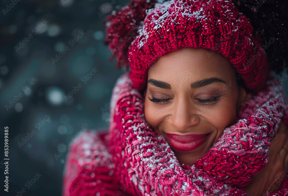 Smiling woman in a red hat and glasses, wrapped in a red knitted scarf, against a background of blurred cold tones. Smiling woman in a red hat and glasses, wrapped in a red knitted scarf, against a background of blurred cold tones.
