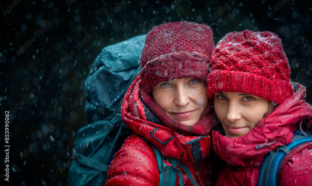 Two people in love in warm red knitted hats and scarves against the backdrop of a snowy winter landscape. They snuggle up to each other, creating a cozy and romantic atmosphere. Two people in love in warm red knitted hats and scarves against the backdrop of a snowy winter landscape. They snuggle up to each other, creating a cozy and romantic atmosphere.