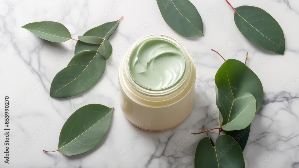 Natural organic cream jar with eucalyptus leaves on marble background. Flat lay, top view, copy space. Natural organic product, beauty and spa background concept. Moisturizing cream Natural organic cream jar with eucalyptus leaves on marble background. Flat lay, top view, copy space. Natural organic product, beauty and spa background concept. Moisturizing cream