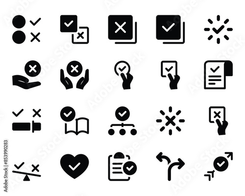 Glyph icons set for Choice accepted, checkmark, validation, check.