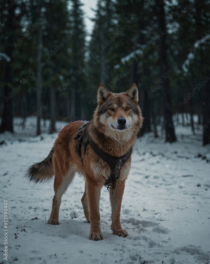 a wolf is standing in the snow with a harness on its neck. a wolf is standing in the snow with a harness on its neck.