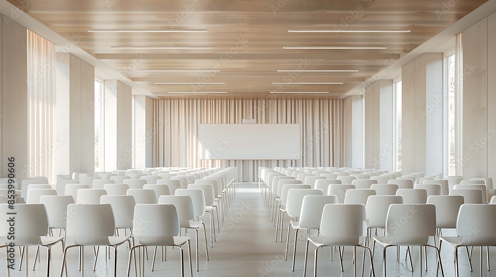 Spacious seminar room with white chairs meticulously arranged in rows, completely unoccupied Spacious seminar room with white chairs meticulously arranged in rows, completely unoccupied