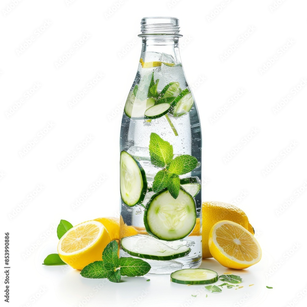 Cucumber water with lemon and mint, infused water, lemon cold drink bottle isolated on white Cucumber water with lemon and mint, infused water, lemon cold drink bottle isolated on white
