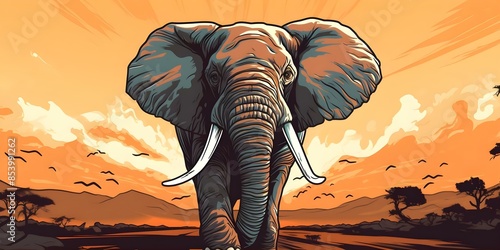 African elephant charging in retro woodcut style illustration. Concept Elephant, Wildlife, Retro, Woodcut, Illustration