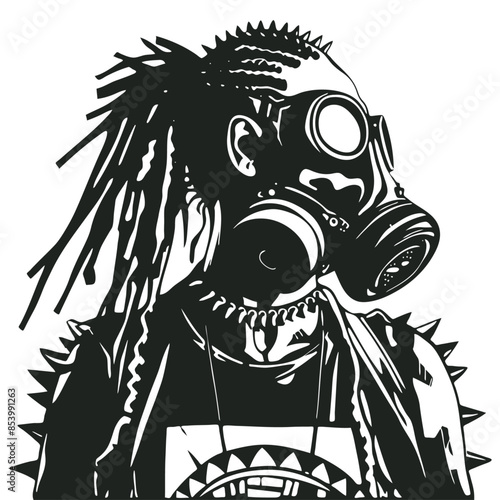 Woman with dreadlocks wearing a gas mask, vector