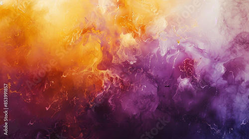 Develop an abstract watercolor with deep, cloud-like formations in purple, orange, ochre, and gold, fading outward