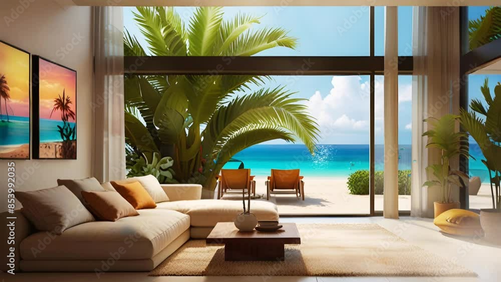 modern living room with a backdrop of a beautiful tropical beach, in a smooth background with 4K video quality. modern living room with a backdrop of a beautiful tropical beach, in a smooth background with 4K video quality.