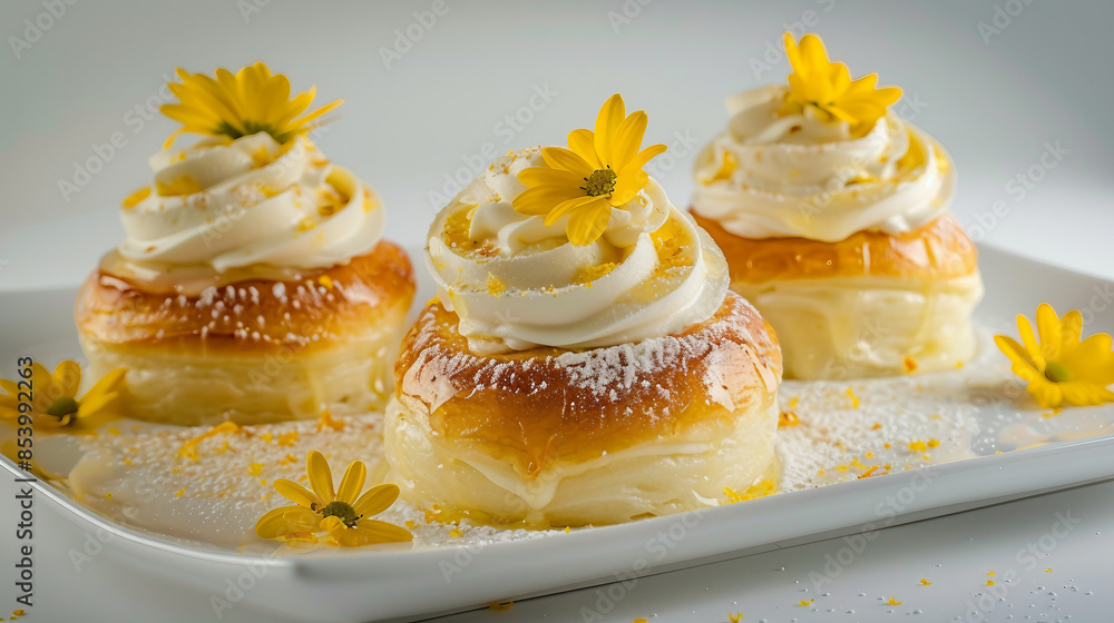 Sweet Lemon Rolls with Cream Cheese Frosting and Yellow Flowers on Plates Sweet Lemon Rolls with Cream Cheese Frosting and Yellow Flowers on Plates