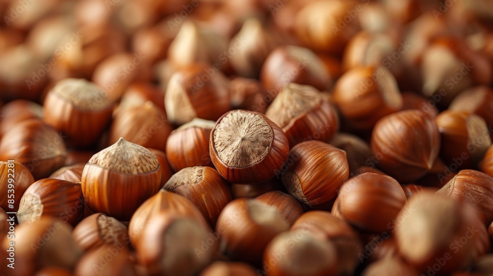 A meticulously focused image of scattered hazelnuts with a soft, blurred brown background conveying natural abundance