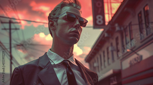 a man wearing sunglasses and a suit photo