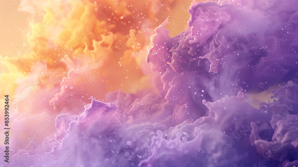 Fototapeta premium Paint a serene watercolor scene with cloud-like formations in purple, orange, ochre, and gold, fading to a near-white background