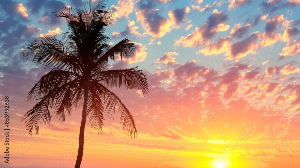 Palm tree silhouetted against vibrant sunset with colorful sky Palm tree silhouetted against vibrant sunset with colorful sky