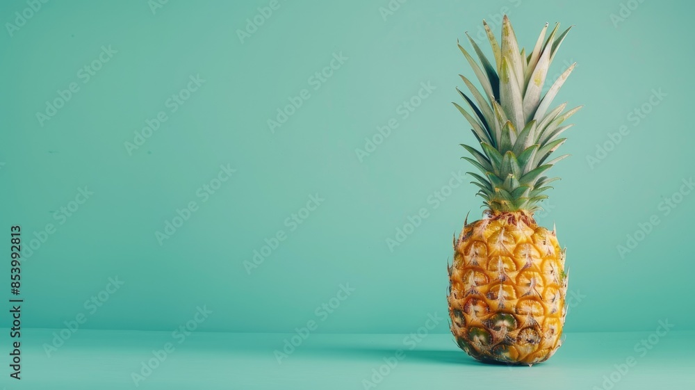 Fresh pineapple on teal background standing upright Fresh pineapple on teal background standing upright