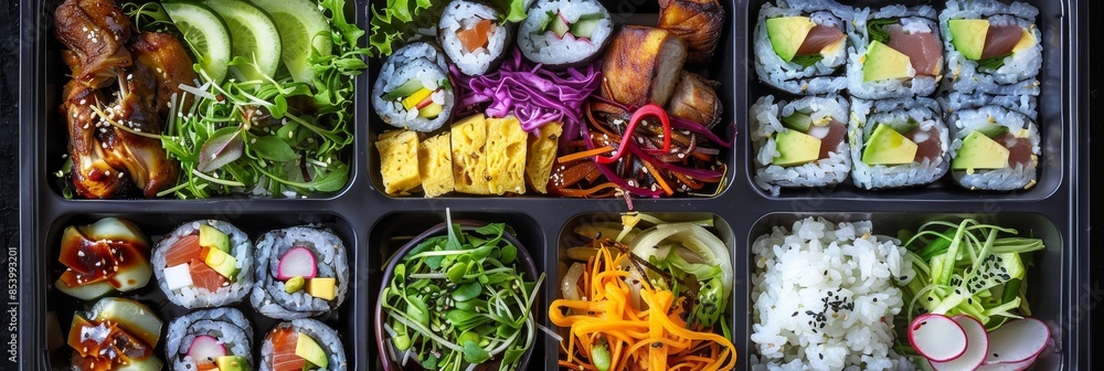 Japanese Bento Box, Asian Style Lunch Box with Sushi Rolls, Salad and Fresh Sea Food Top View Japanese Bento Box, Asian Style Lunch Box with Sushi Rolls, Salad and Fresh Sea Food Top View
