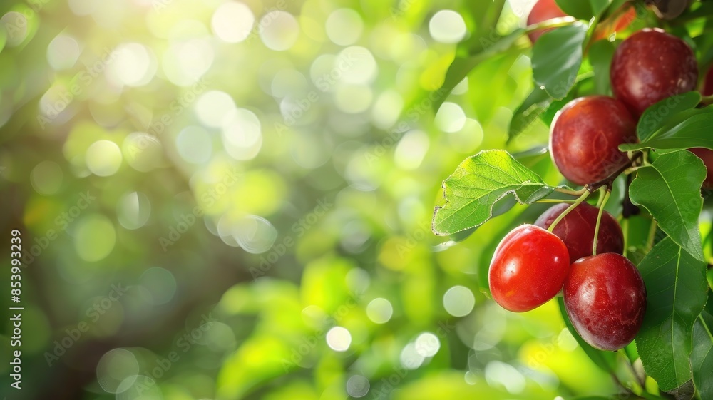 Juicy red apples on tree with blurred sunlight background Juicy red apples on tree with blurred sunlight background