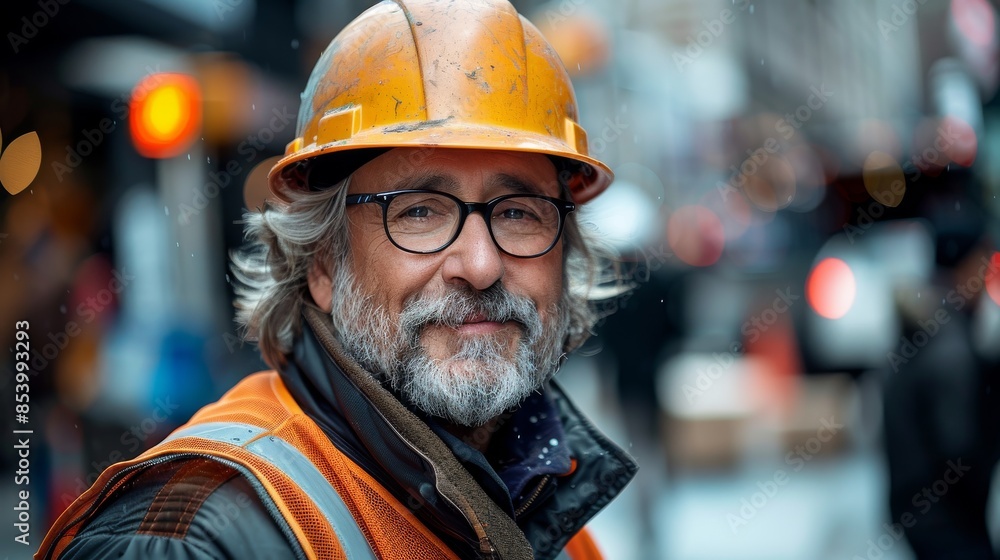 Excluding the blurred face, a construction worker in a reflective vest and helmet stands amidst an urban backdrop Excluding the blurred face, a construction worker in a reflective vest and helmet stands amidst an urban backdrop