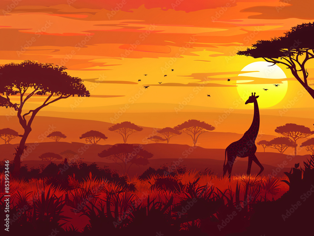 giraffe in a field with trees and a sunset giraffe in a field with trees and a sunset