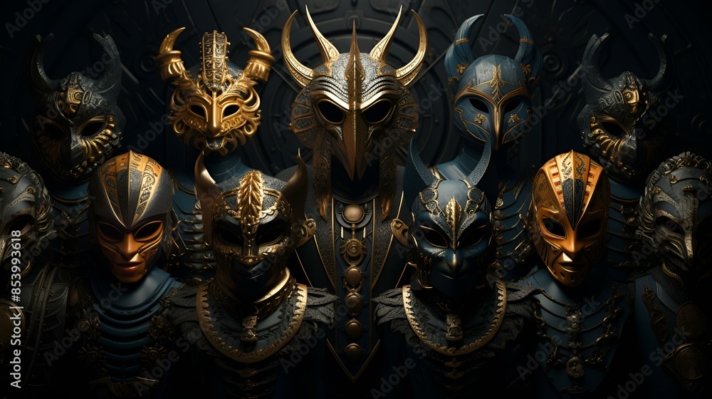 Fototapeta premium A collection of horned masks in various colors and designs.