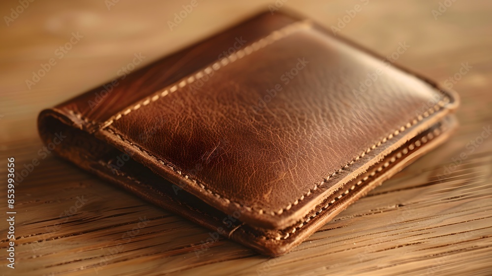 Blank Label Wallet: A leather wallet with no label on a wooden surface. Blank Label Wallet: A leather wallet with no label on a wooden surface.