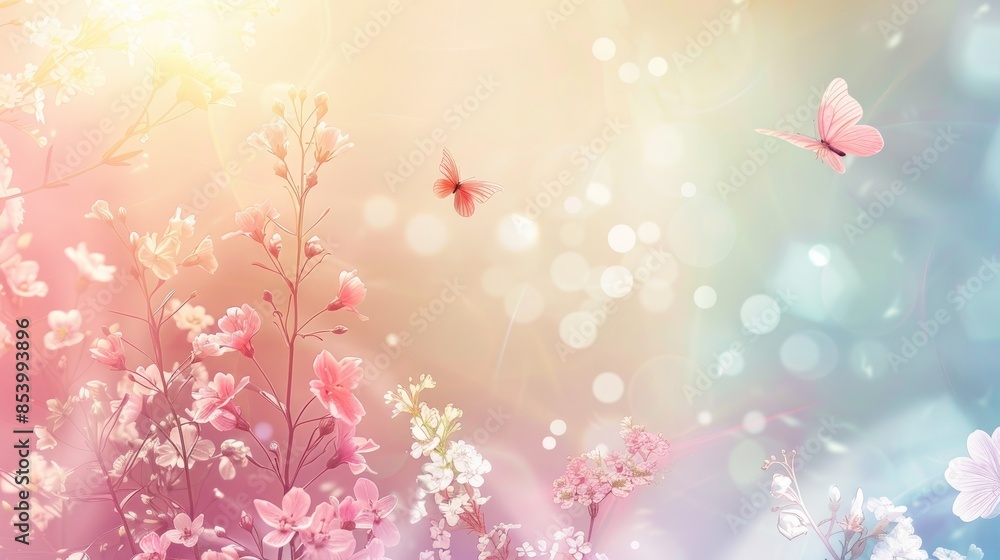 A whimsical abstract spring background with delicate flowers and fluttering butterflies, set against a soft gradient. A whimsical abstract spring background with delicate flowers and fluttering butterflies, set against a soft gradient.